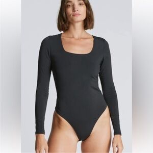 Everlane Bodysuit Square Neck Thong Long Sleeve Black S (2-4) NWT Soft Cotton